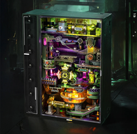 A tall black glass-fronted marble run glows with neon gears, pipes, gauges, and colorful machinery in a dark industrial setting, creating a futuristic, mysterious mood.