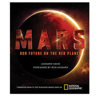 Book cover of 'Mars: Our Future on the Red Planet' with a red planet illustration and National Geographic logo.
