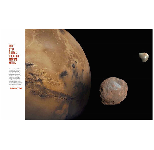 Two celestial bodies, one resembling Mars and the other Phobos, with text on the left.