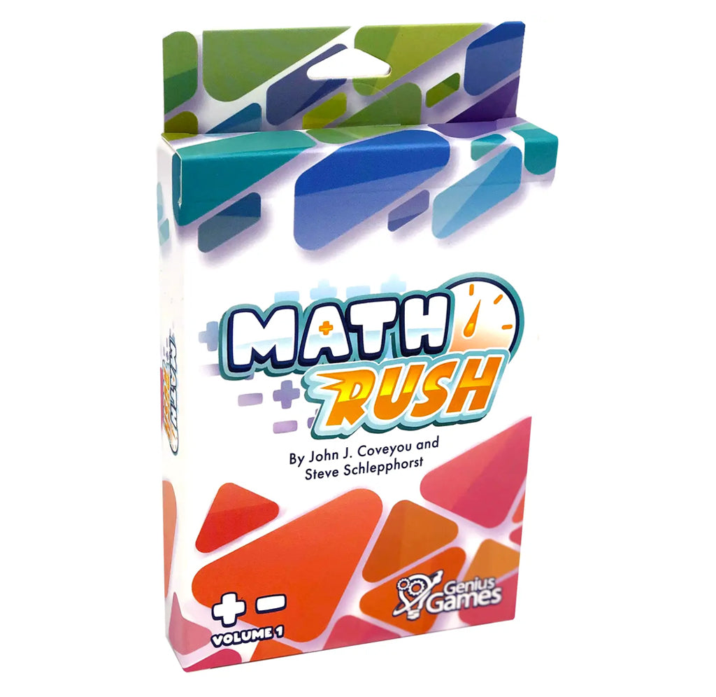 Math Rush Volume 1 card game box by Genius Games, featuring a colorful geometric design with blue, green, orange, and pink shapes on a white background.