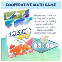 Math Rush cooperative math game box shown on a colorful promotional graphic with text describing the gameplay and a 03:00 timer icon. Visible brand: Math Games.