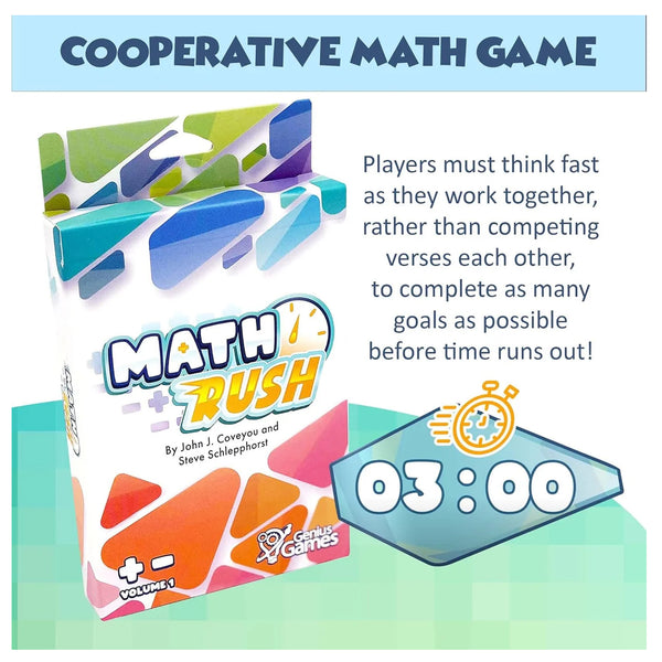 Math Rush cooperative math game box shown on a colorful promotional graphic with text describing the gameplay and a 03:00 timer icon. Visible brand: Math Games.