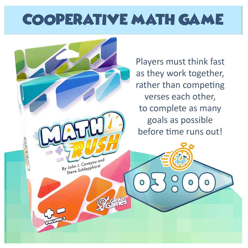 Math Rush cooperative math game box shown on a colorful promotional graphic with text describing the gameplay and a 03:00 timer icon. Visible brand: Math Games.