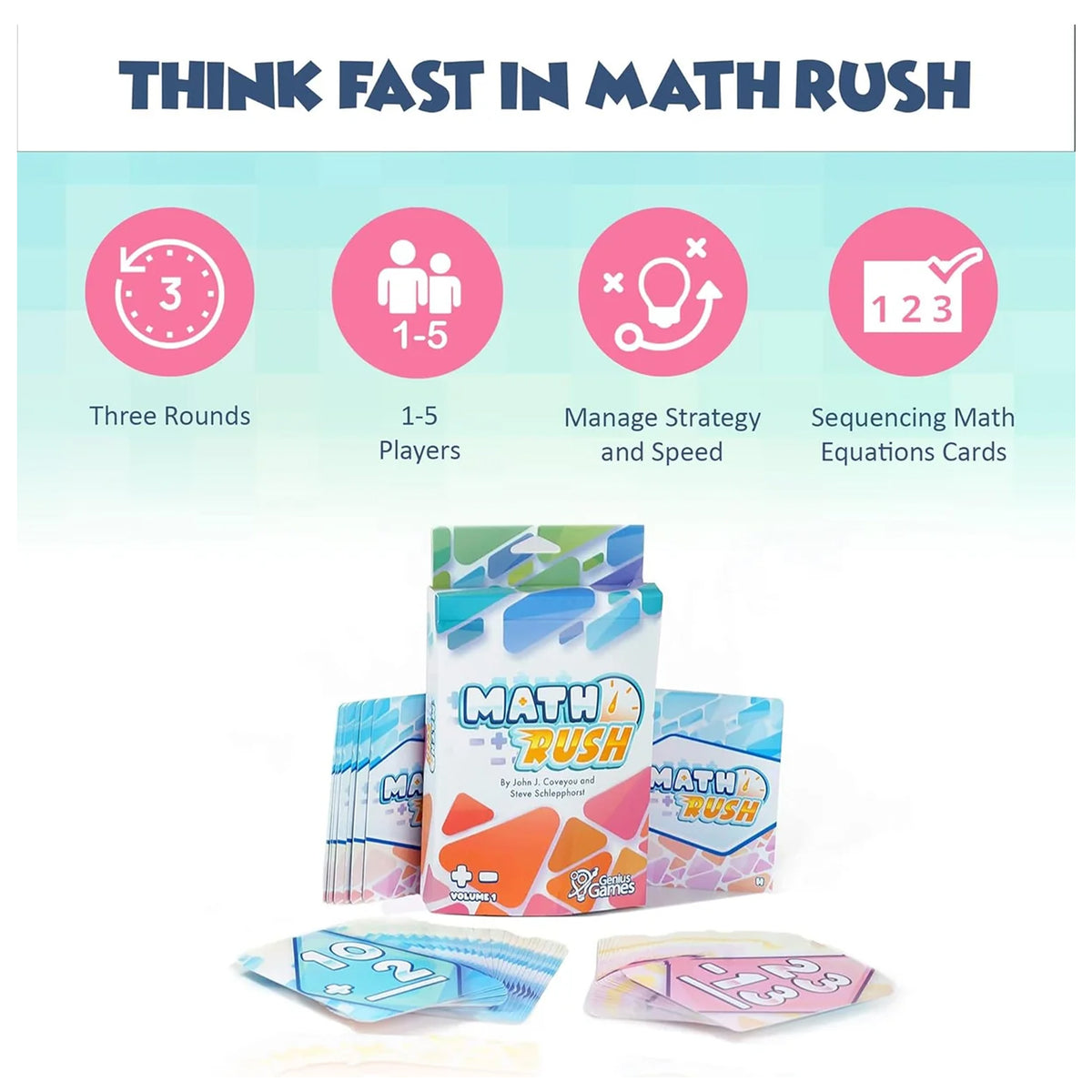 Math Rush card game packaging and cards shown on a clean white background with feature icons above. The set includes a main game box, smaller card packs, and several math equation cards.