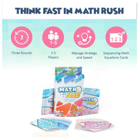 Math Rush card game packaging and cards shown on a clean white background with feature icons above. The set includes a main game box, smaller card packs, and several math equation cards.