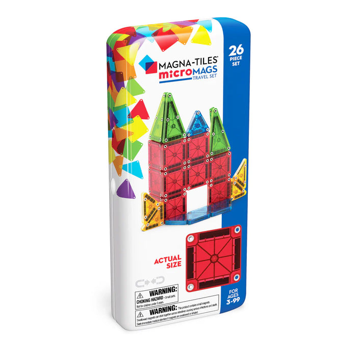 Magna-Tiles Micromags packaging with colorful magnetic tiles on a white background