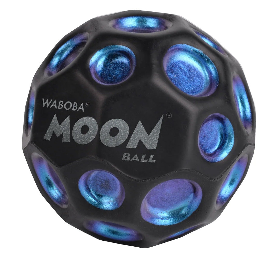 Black Waboba Moon Ball with blue reflective spots on a white background