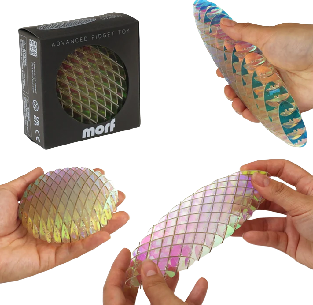 Collage showing a colorful Morf advanced fidget toy in its box and hands stretching its iridescent, flexible lattice design.