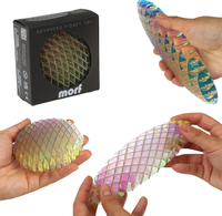 Collage showing a colorful Morf advanced fidget toy in its box and hands stretching its iridescent, flexible lattice design.