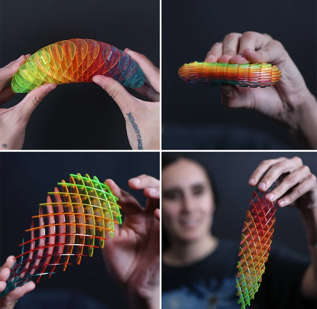 A four-panel collage showing a translucent rainbow-colored squishy stress ball being held and squeezed by hands against a dark background.