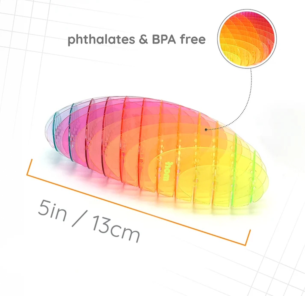 A translucent segmented egg-shaped product on a white background with measurement text reading 5in / 13cm and a circular inset showing its color gradient. Text at the top says 'phthalates & BPA free'.