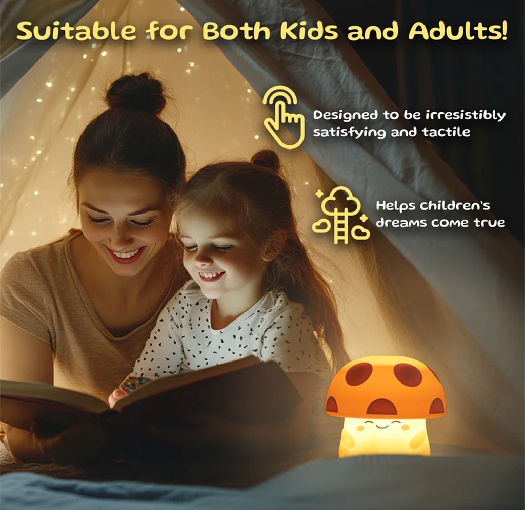 A smiling mother and daughter read together in a glowing blanket fort, beside a mushroom-shaped night light; text promotes tactile, kid-friendly comfort.