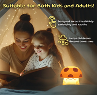 A smiling mother and daughter read together in a glowing blanket fort, beside a mushroom-shaped night light; text promotes tactile, kid-friendly comfort.
