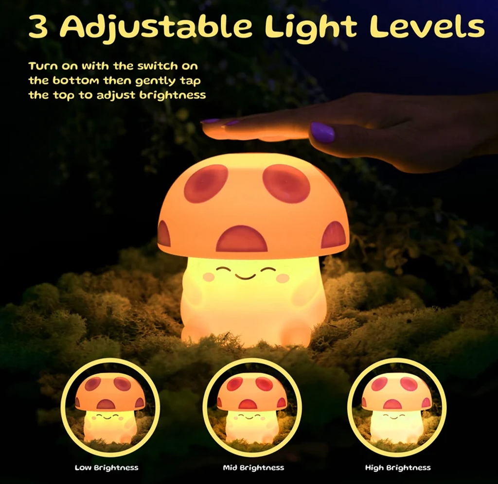 Instructional product image shows a glowing mushroom-shaped night-light in a dark, leafy setting, with a hand tapping its top; three icons compare low, mid, and high brightness.