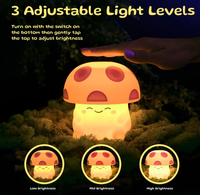 Instructional product image shows a glowing mushroom-shaped night-light in a dark, leafy setting, with a hand tapping its top; three icons compare low, mid, and high brightness.
