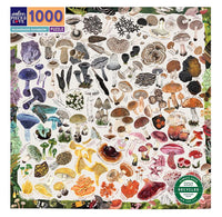 Jigsaw puzzle packaging with various illustrated mushrooms on a white background