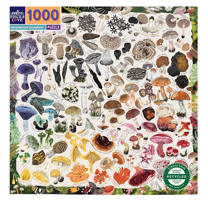 Jigsaw puzzle packaging with various illustrated mushrooms on a white background