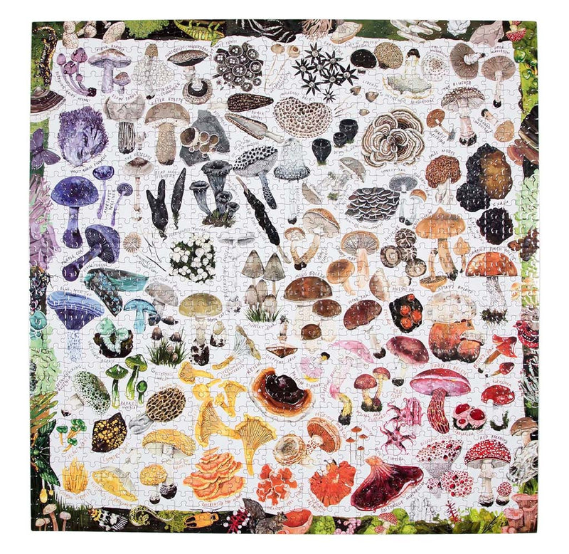 Jigsaw puzzle with various illustrated mushrooms on a white background