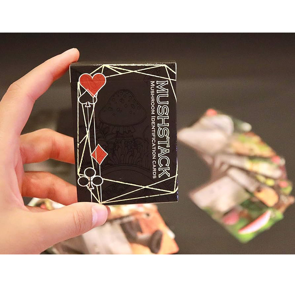 A black playing cards box with white and red accents being held up by a hand