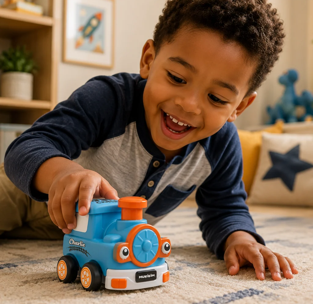 A joyful young boy plays with a blue toy train on the living-room rug, smiling as he pushes it; warm, cozy home setting with playful energy.