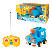 A blue toy bus and yellow remote control sit beside their colorful retail box, marketed for ages two and up; playful, cheerful children’s toy.