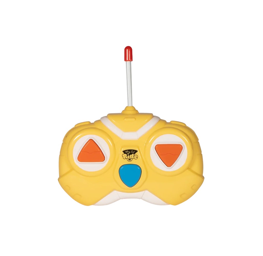 A yellow toy remote control with a tall antenna and red tip, two orange directional buttons, and a blue center button, shown against a white background.