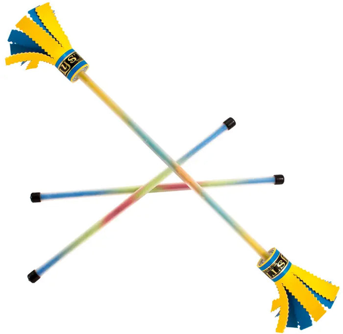 Colorful juggling sticks with blue and yellow ends against a white background.