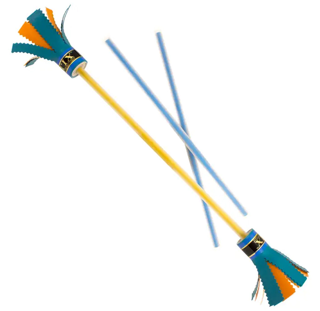 Yellow baton with orange and blue ends with blue sticks against a white background.