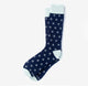 A navy blue sock with light blue on the cuff, heel, and toe; light blue Pi symbols are throughout the sock surface.