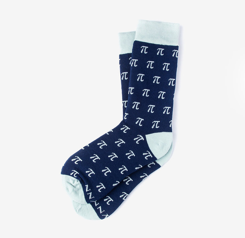 A navy blue sock with light blue on the cuff, heel, and toe; light blue Pi symbols are throughout the sock surface.