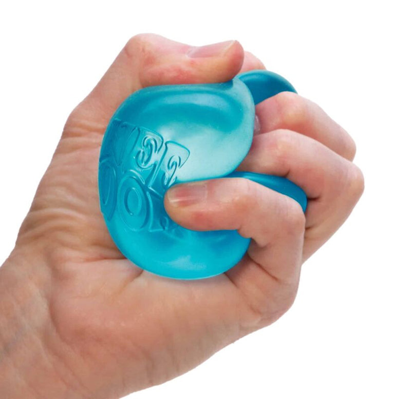 Hand squeezing a blue stress ball with a white background