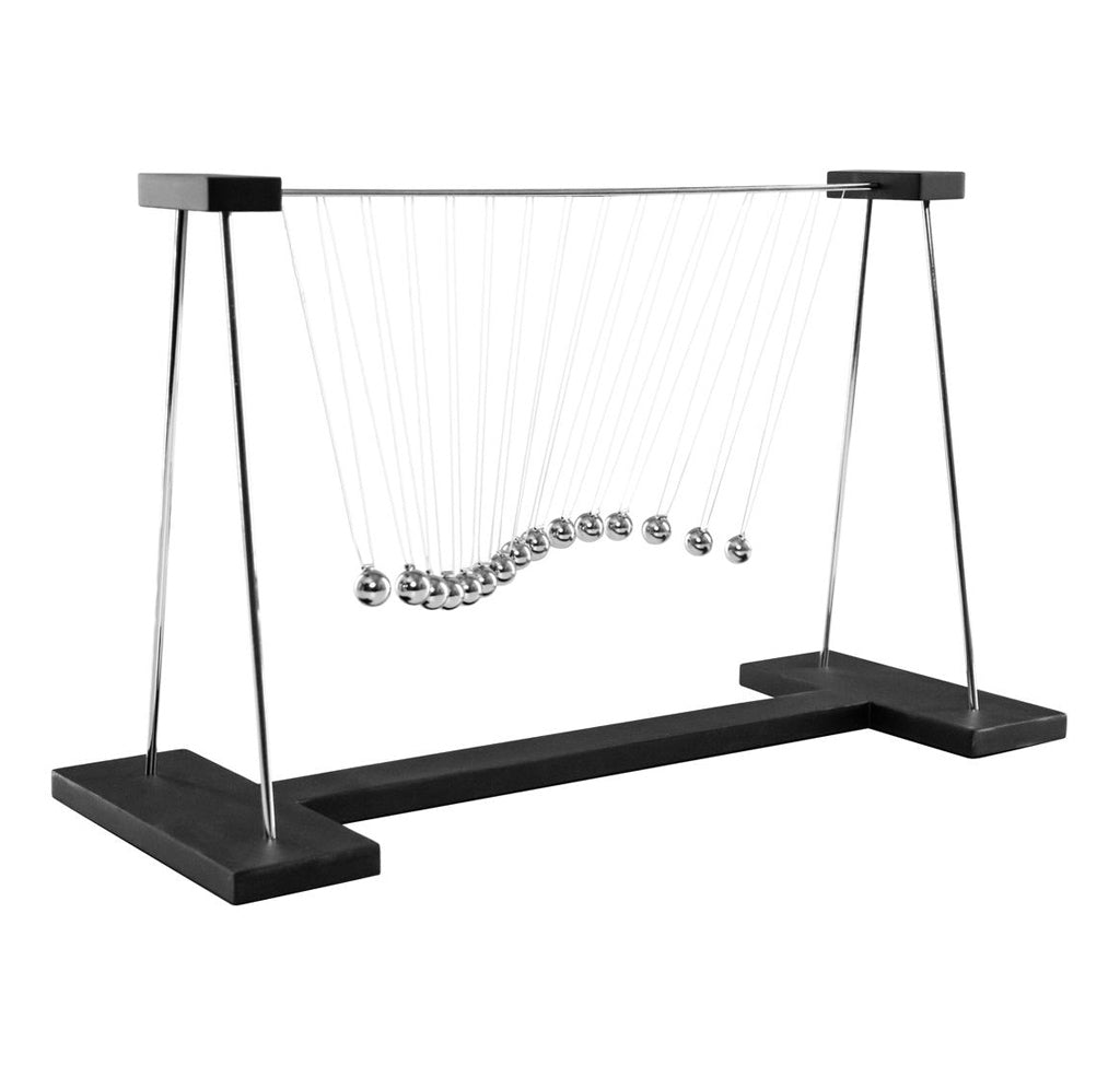 An oversized pendulum Newton's cradle moves in a wave configuration when activated. It has a black base, with silver sides and balls.