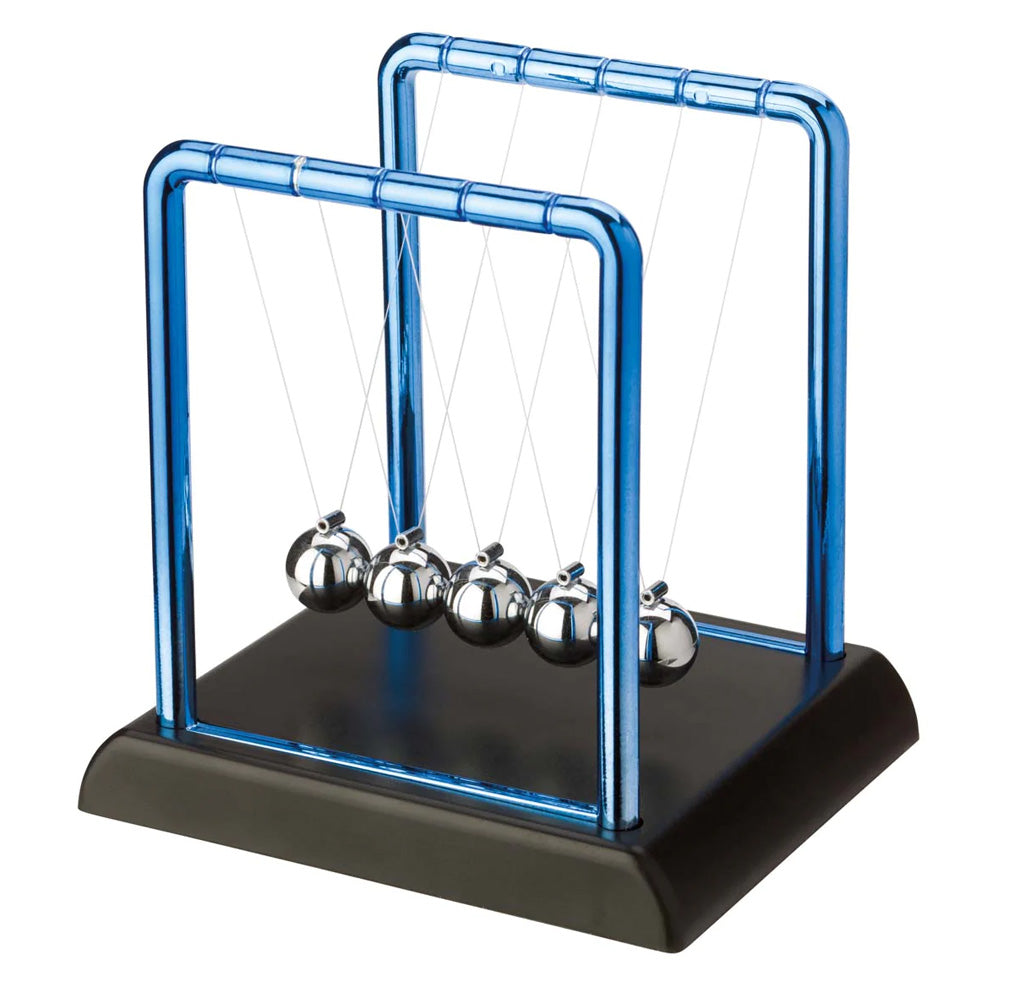 Blue steel and black plastic suspend five metal balls.