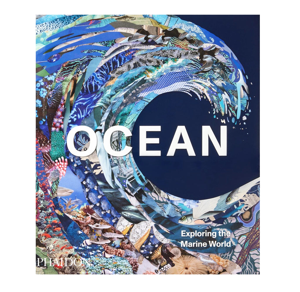 This book is an oversized hardcover with an art piece of an ocean wave created out of different ocean-themed images.