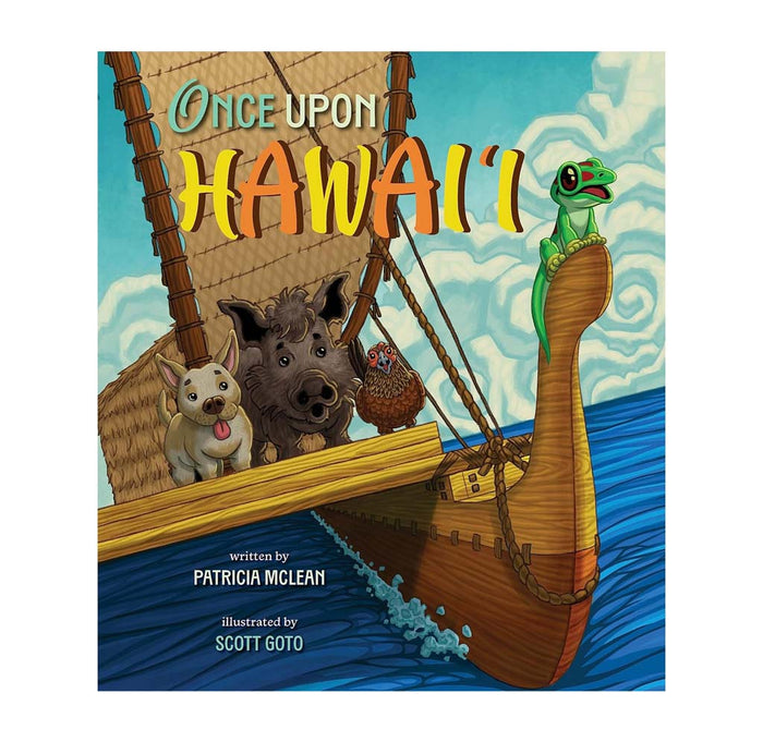 Book cover of 'Once Upon Hawaii' with a boat, dog, pig, and lizard on a blue background