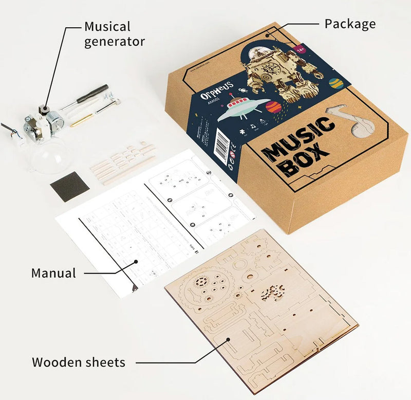 Image of the components of the product out of the box, including the package, musical generator, manual, and wooden sheets. 