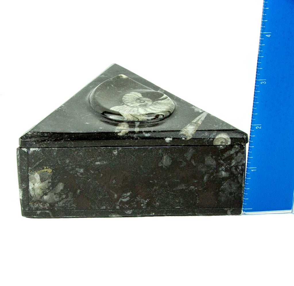 Triangular box with a blue ruler next to it. 