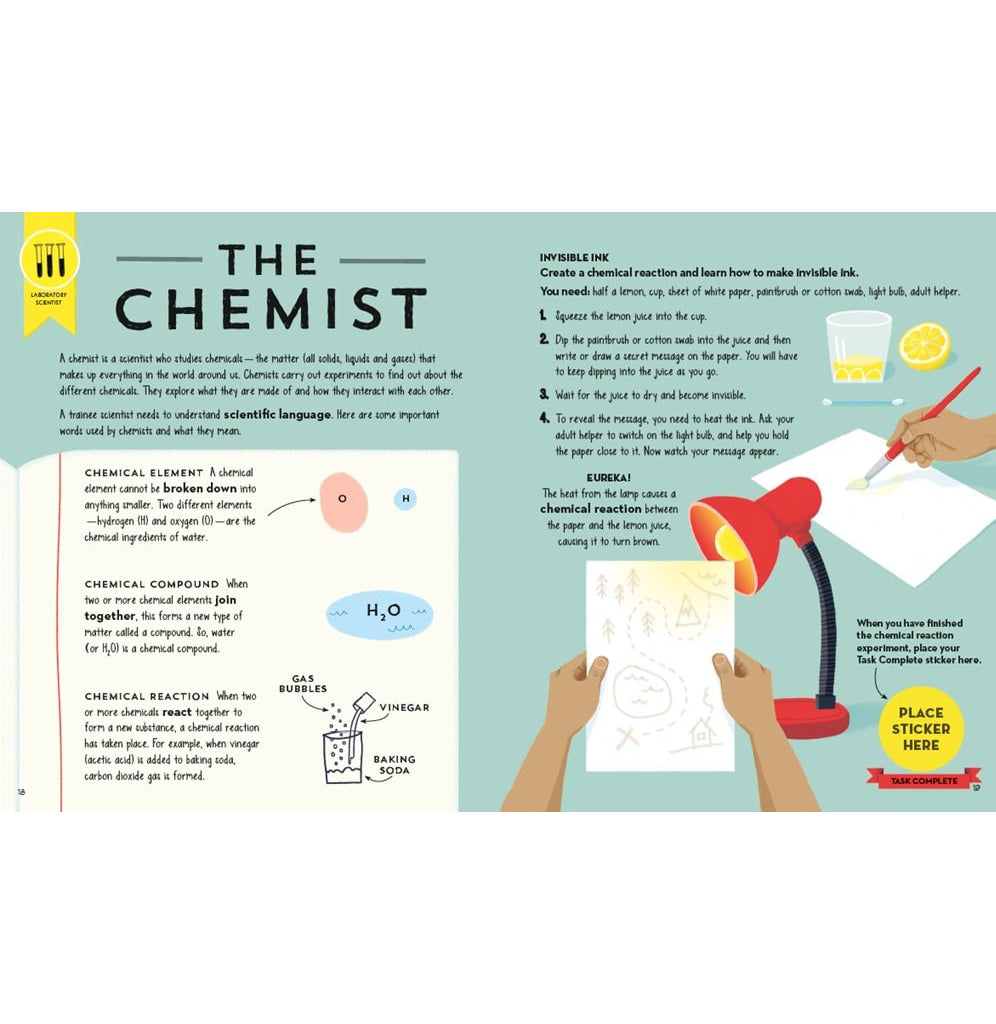 An open page of the book showing "The Chemist," a description of what a chemist does and an experiment you can try out. 