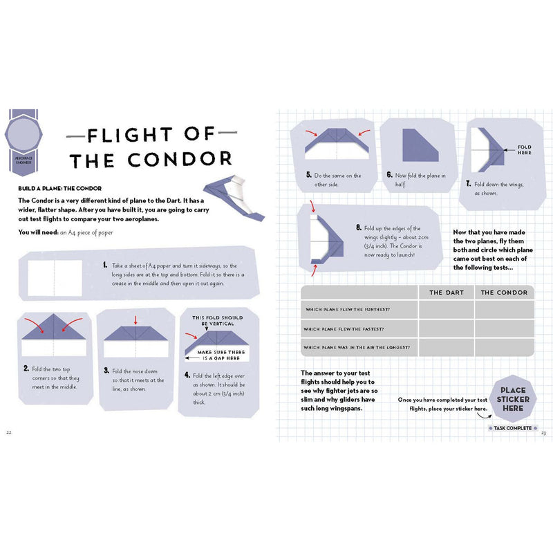 An open page of the book that shows step by step how to fold a paper condor plane. 