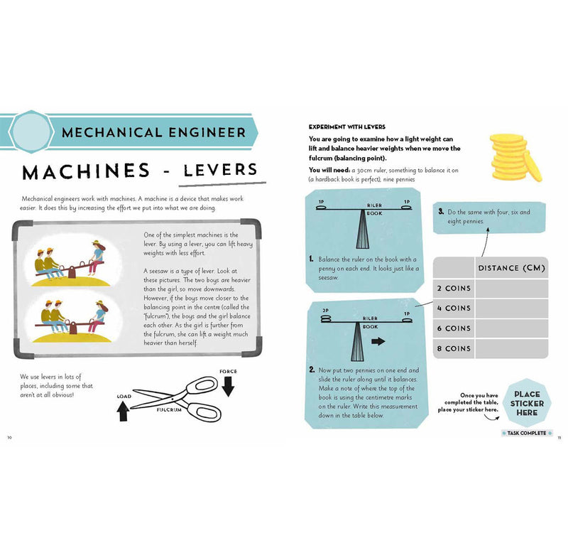 An open page of the book showing the Mechanical engineering section talking about machine levers. There is an experiment on the second page involving levers nd weight. 