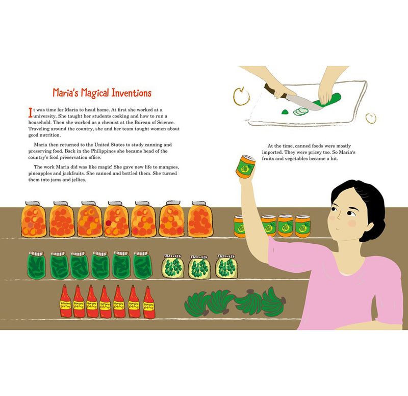 An open page of the book telling the story of how Maria evolved the canning and preservation process in food. The image depicts Maria holding up a can of food and standing in front of shelves of pickled and preserved foods. 