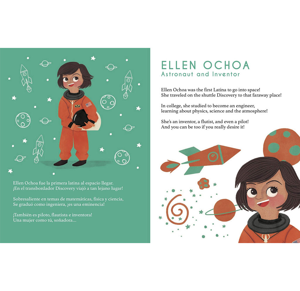 A page of the book featuring Ellen Ocho, an astronaut and inventor. There are drawings of Ellen dressed in an orange spacesuit with drawings of planets, stars, and rocket ships surrounding her. 