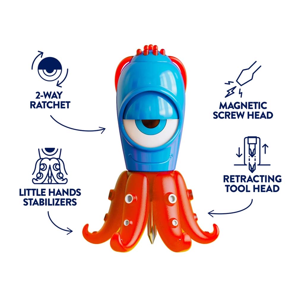 A blue and red octopus-shaped toy or tool head centered on a white background, surrounded by four dark blue callout graphics with text labels: '2-Way Ratchet,' 'Magnetic Screw Head,' 'Little Hands Stabilizers,' and 'Retracting Tool Head.'.