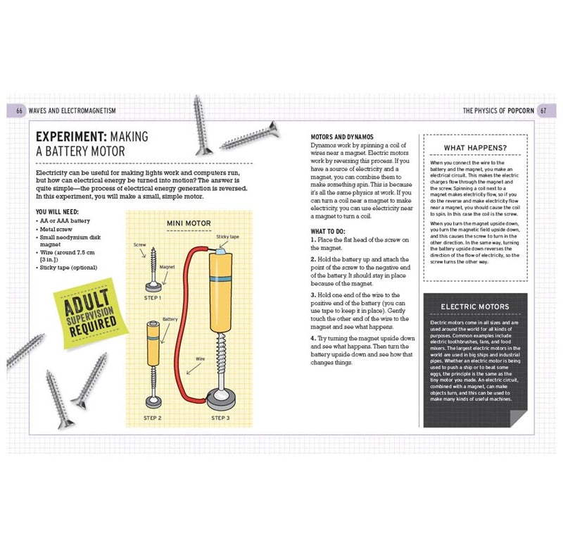 Layout spread for the Physics of Popcorn showing an experiment on making a battery motor.