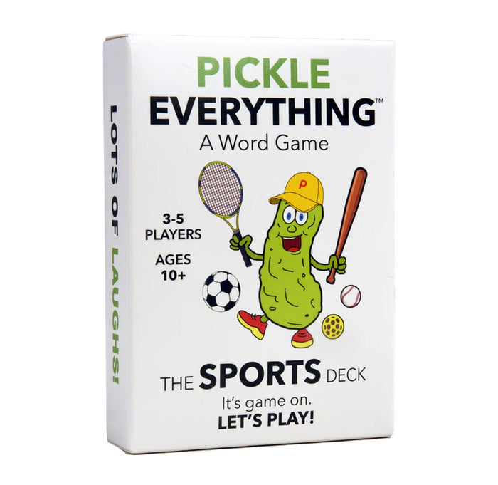 Illustration of a pickle with sports equipment against a white background.
