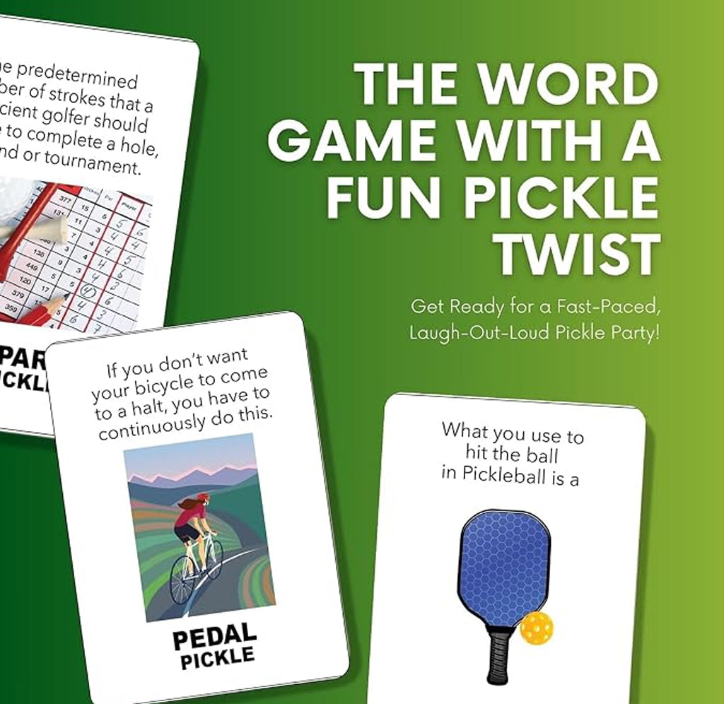 A set of printed game cards for a word game with pickle-themed twists, shown on a green background with large white text reading 'THE WORD GAME WITH A FUN PICKLE TWIST.' The visible cards include partial text and illustrations such as a paddle, a bicycle rider, and a yellow ball.