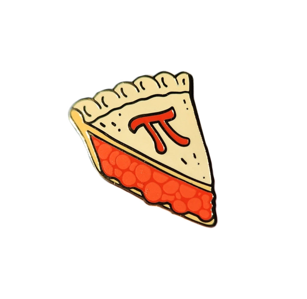 A gold enamel pin depicting a slice of pie with the symbol for "Pi" on the top. The filling is orange.