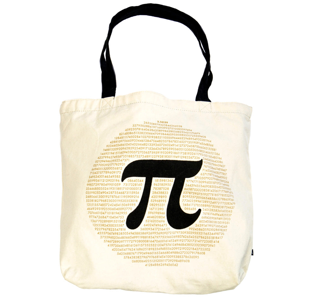 A cream-colored tote bag with 1,878 digits of Pi in gold, creating a circle printed on the front. In the middle is the Pi symbol in black. The strap is black.