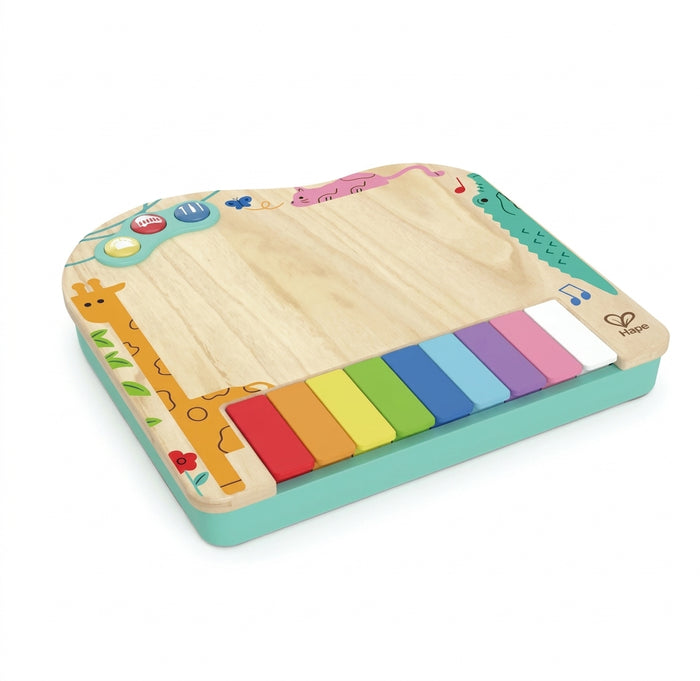 A colorful wooden children’s music toy combines a blank writing board with a rainbow xylophone and playful animal illustrations, creating a cheerful, inviting feel.