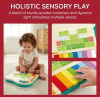 Promotional graphic of a child exploring a colorful wooden sensory board, with close-ups of bright tiles and shapes; playful, hands-on learning.